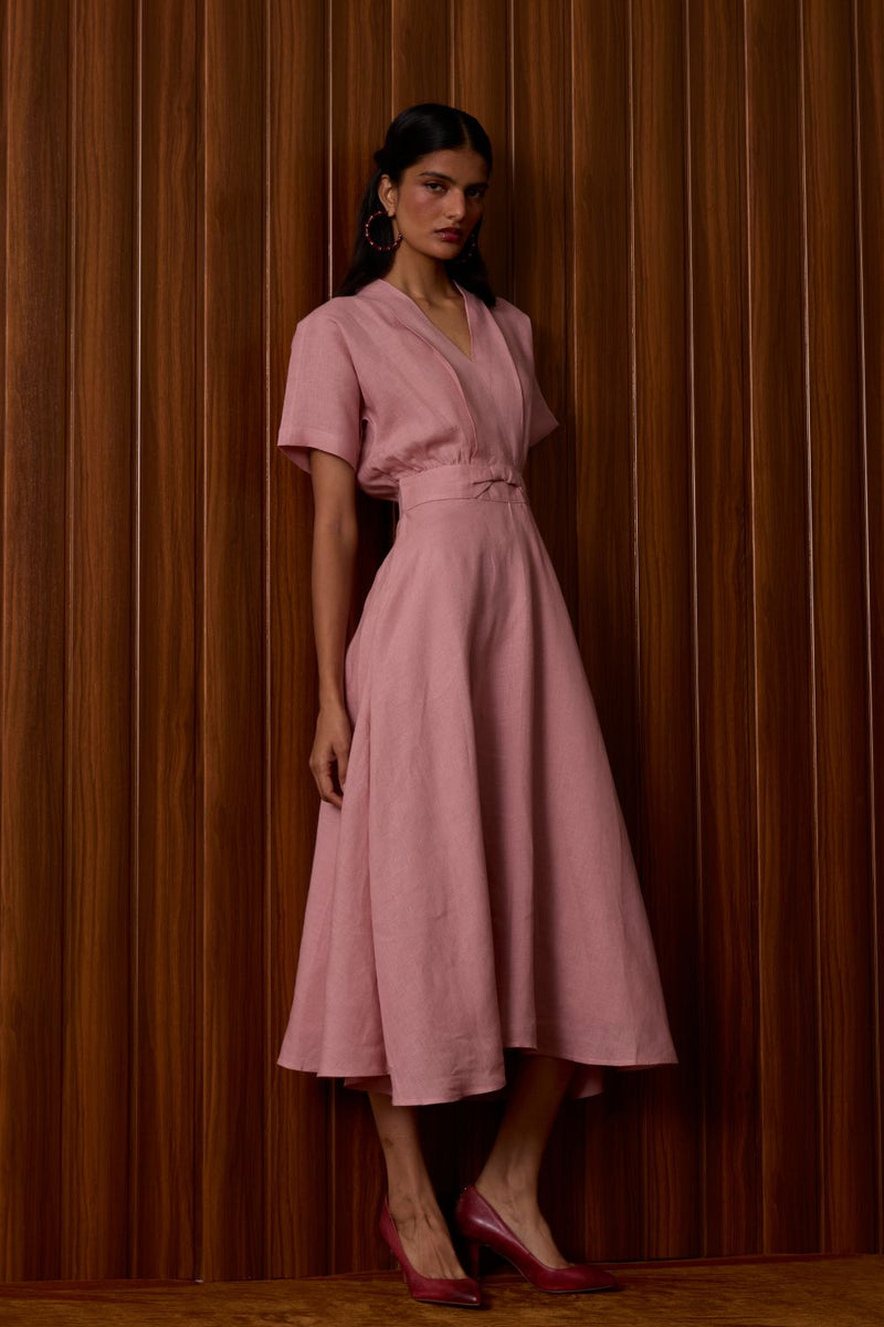 Miyake Rose Linen Dress linen by The Summer House in pink color for women in Singapore