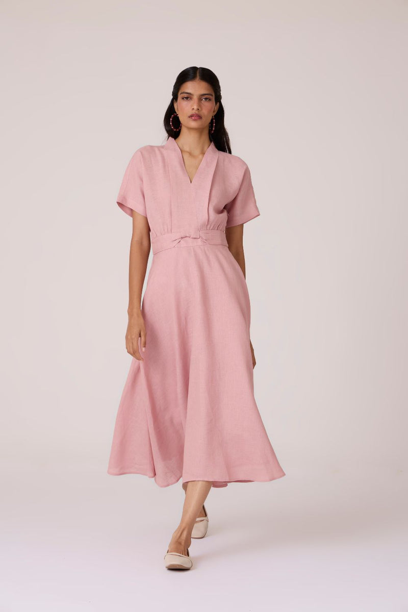 Miyake Rose Linen Dress linen by The Summer House in pink color for women in Singapore