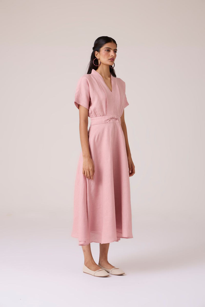 Miyake Rose Linen Dress linen by The Summer House in pink color for women in Singapore