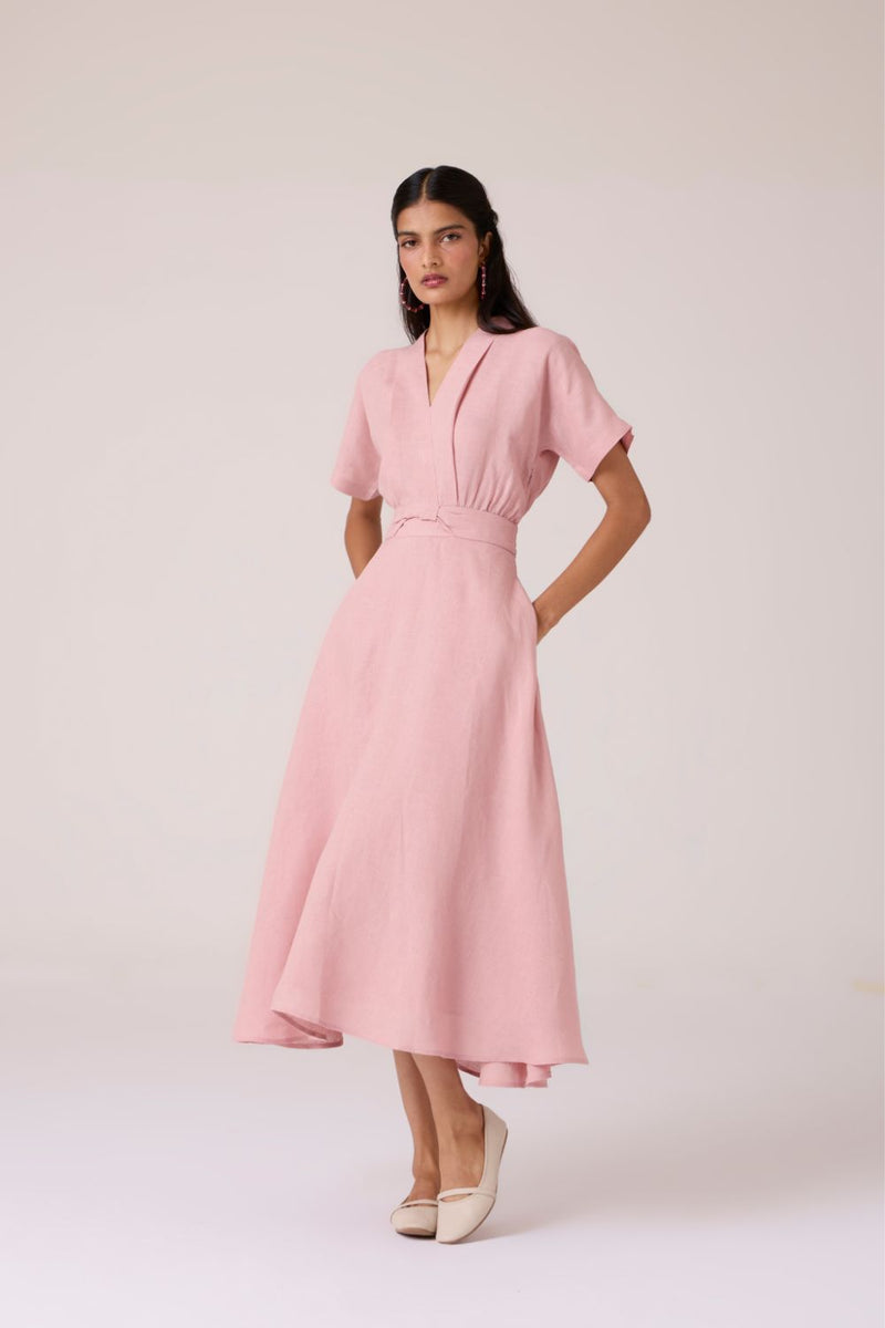 Miyake Rose Linen Dress linen by The Summer House in pink color for women in Singapore