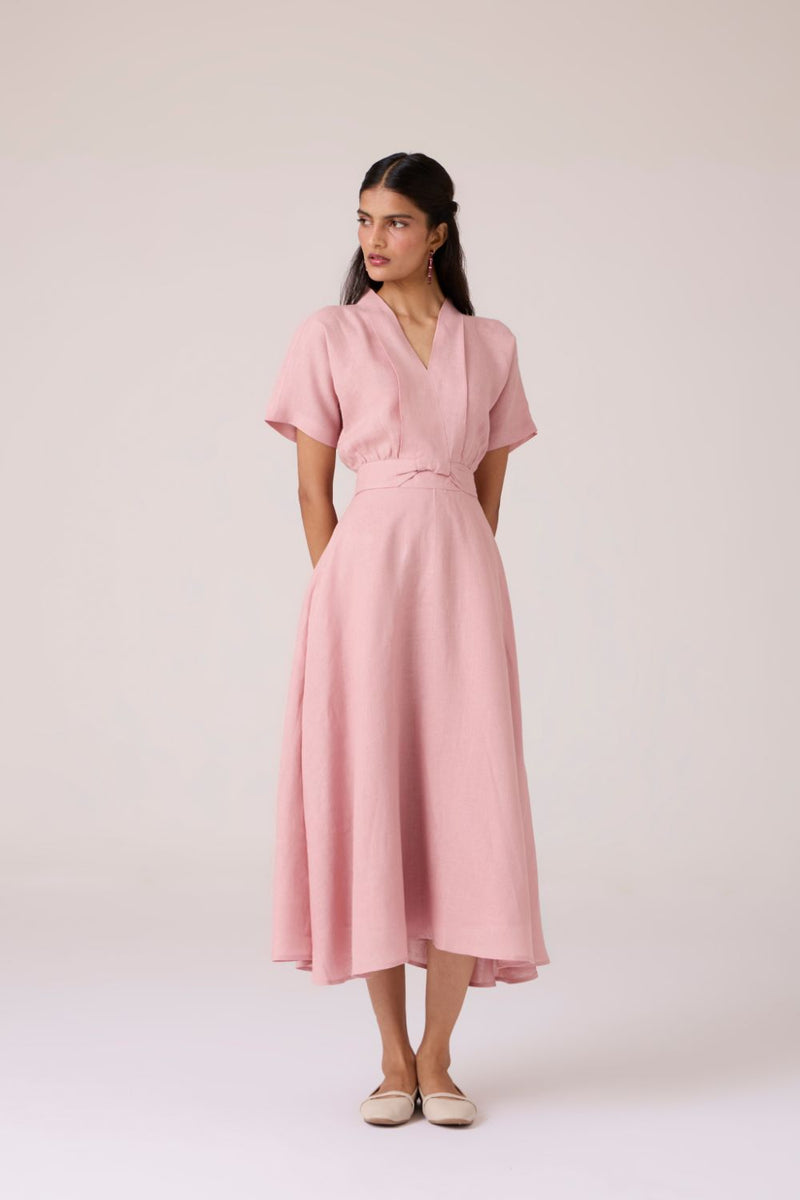 Miyake Rose Linen Dress linen by The Summer House in pink color for women in Singapore