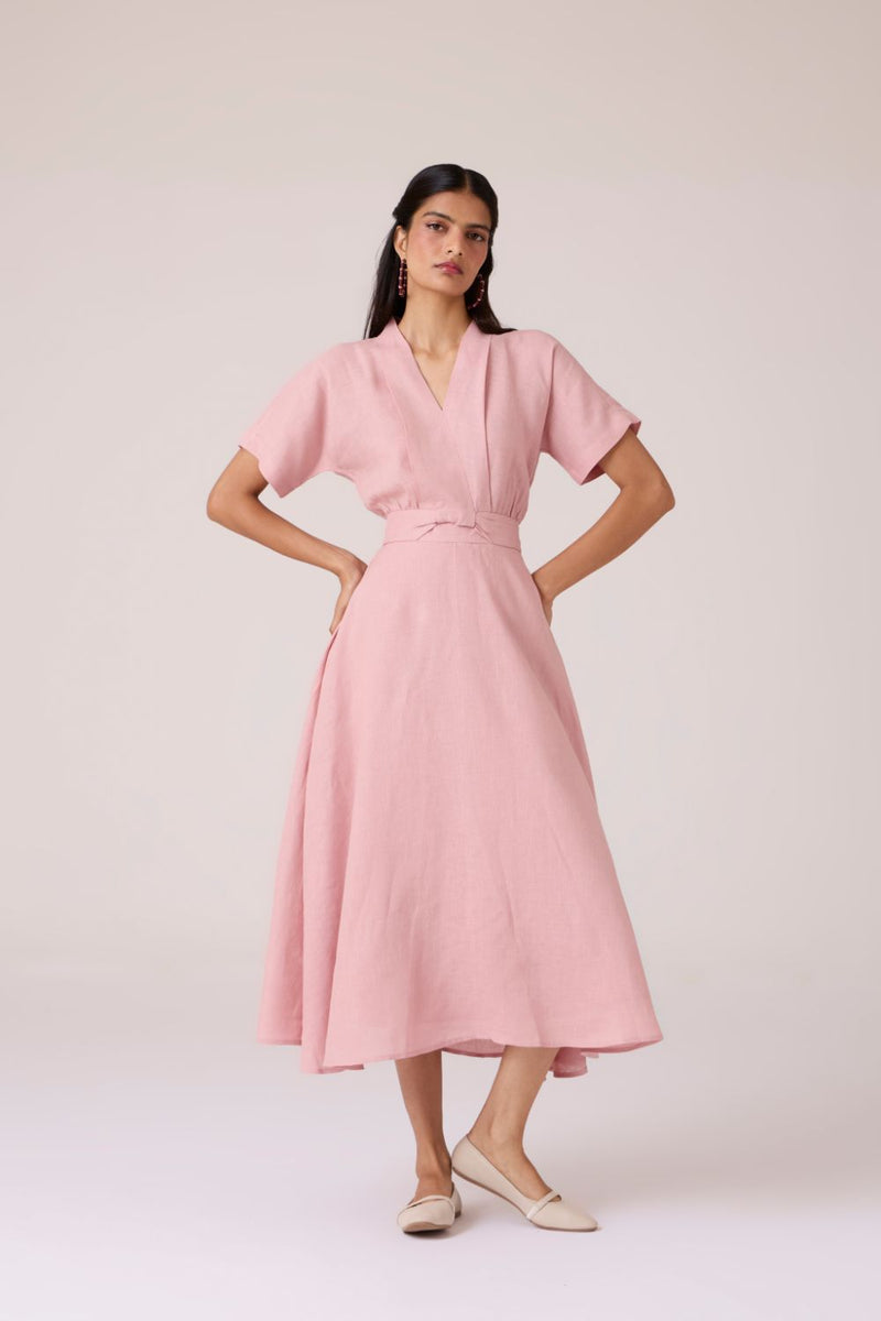 Miyake Rose Linen Dress linen by The Summer House in pink color for women in Singapore