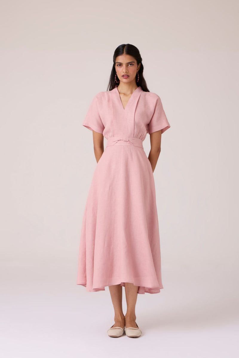 Miyake Rose Linen Dress linen by The Summer House in pink color for women in Singapore