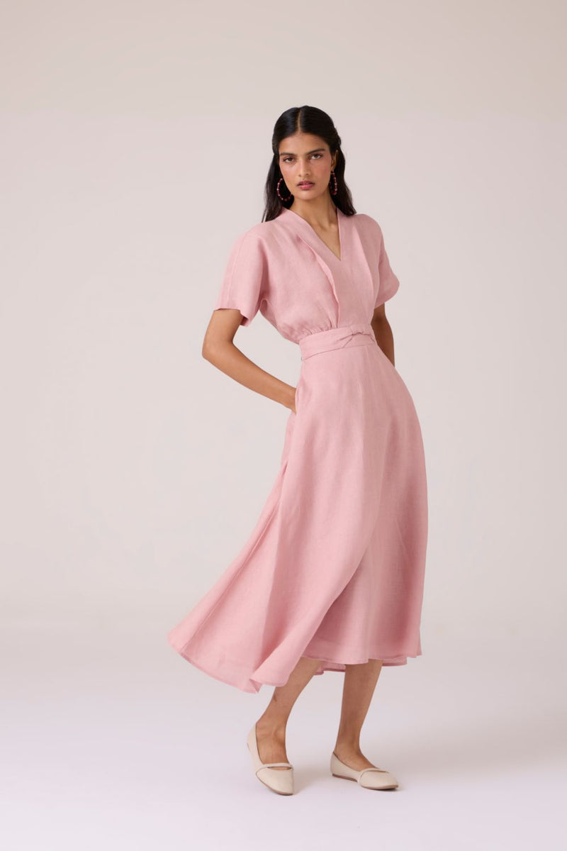 Miyake Rose Linen Dress linen by The Summer House in pink color for women in Singapore