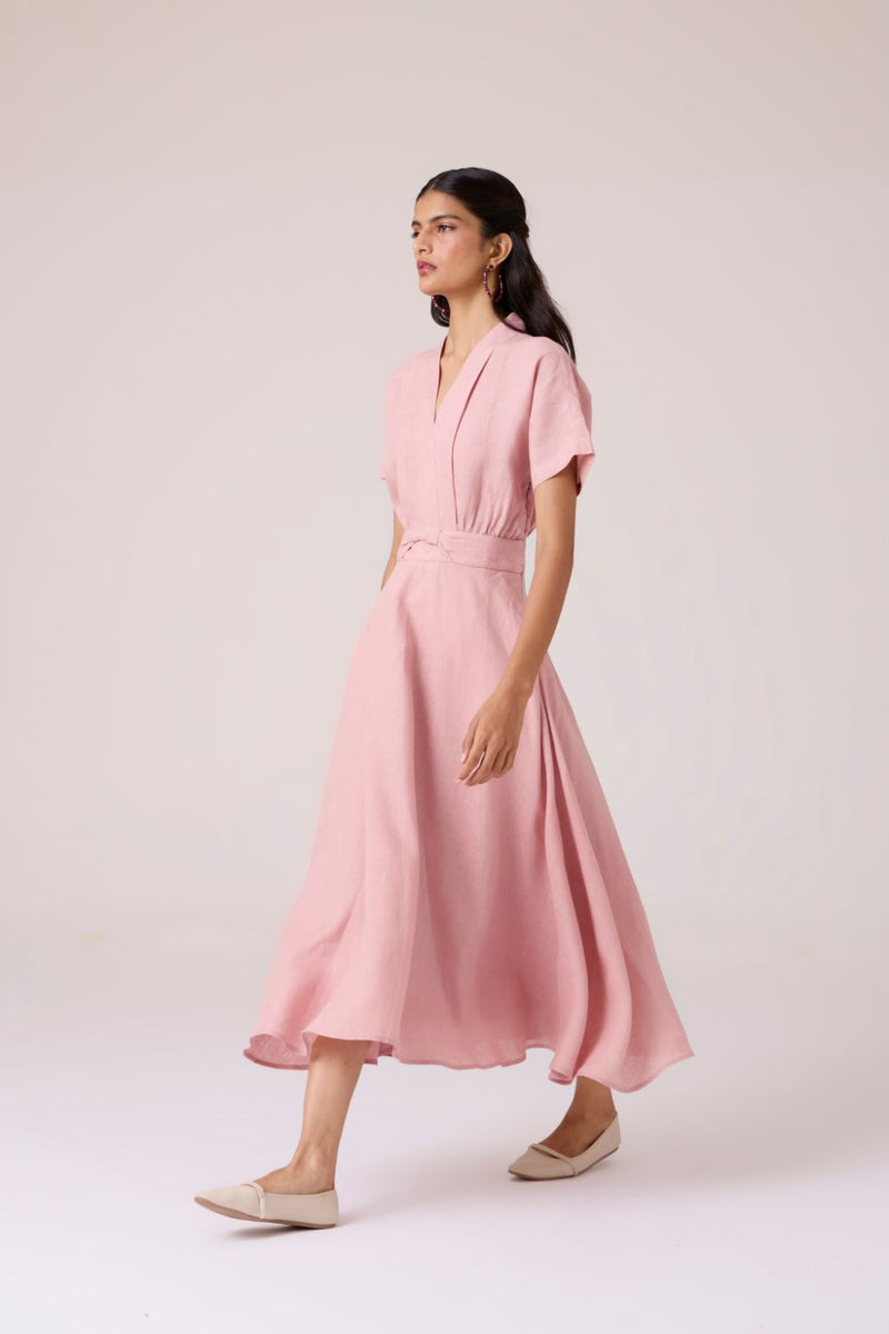 Miyake Rose Linen Dress linen by The Summer House in pink color for women in Singapore