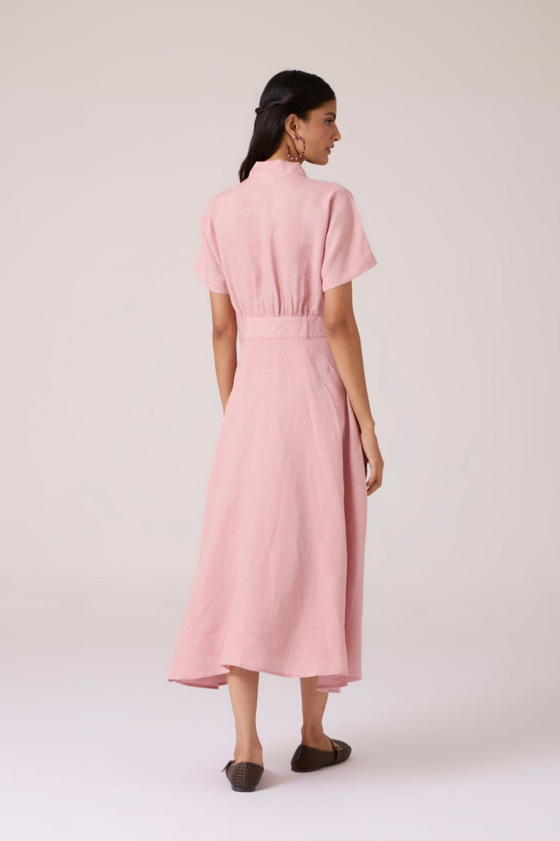 Miyake Rose Linen Dress linen by The Summer House in pink color for women in Singapore