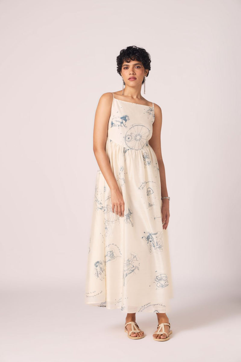 Mizar Zodiac Print Handwoven Dress chanderi by The Summer House in white color for women in Singapore