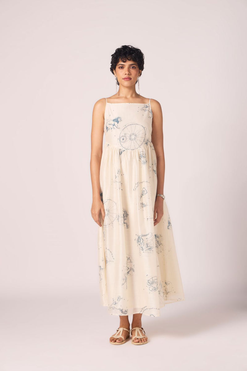 Mizar Zodiac Print Handwoven Dress chanderi by The Summer House in white color for women in Singapore