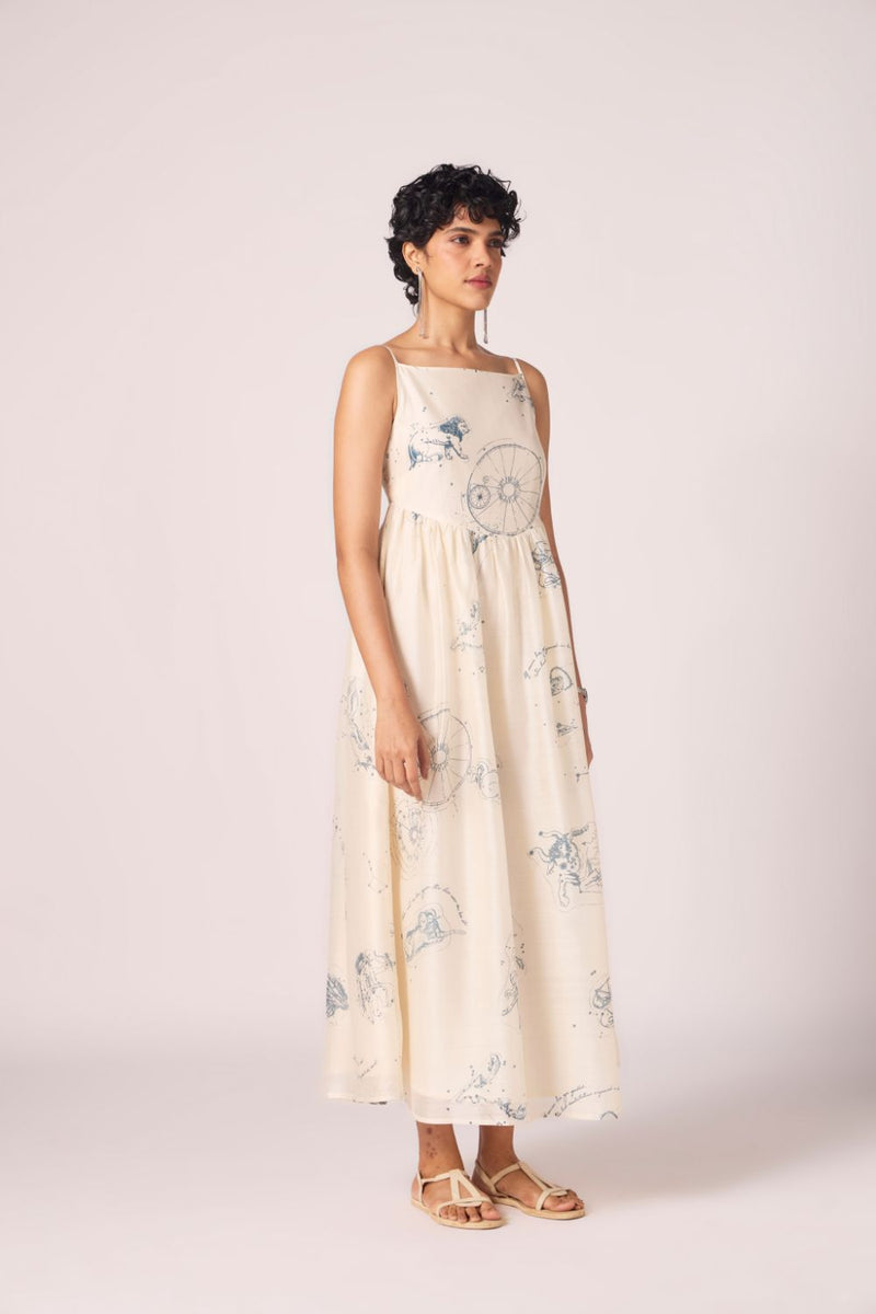 Mizar Zodiac Print Handwoven Dress chanderi by The Summer House in white color for women in Singapore