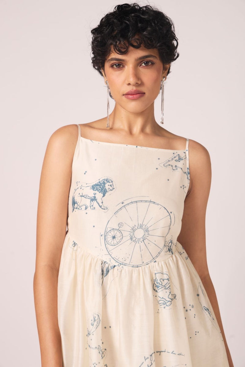 Mizar Zodiac Print Handwoven Dress chanderi by The Summer House in white color for women in Singapore