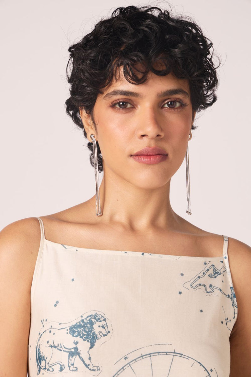 Mizar Zodiac Print Handwoven Dress chanderi by The Summer House in white color for women in Singapore