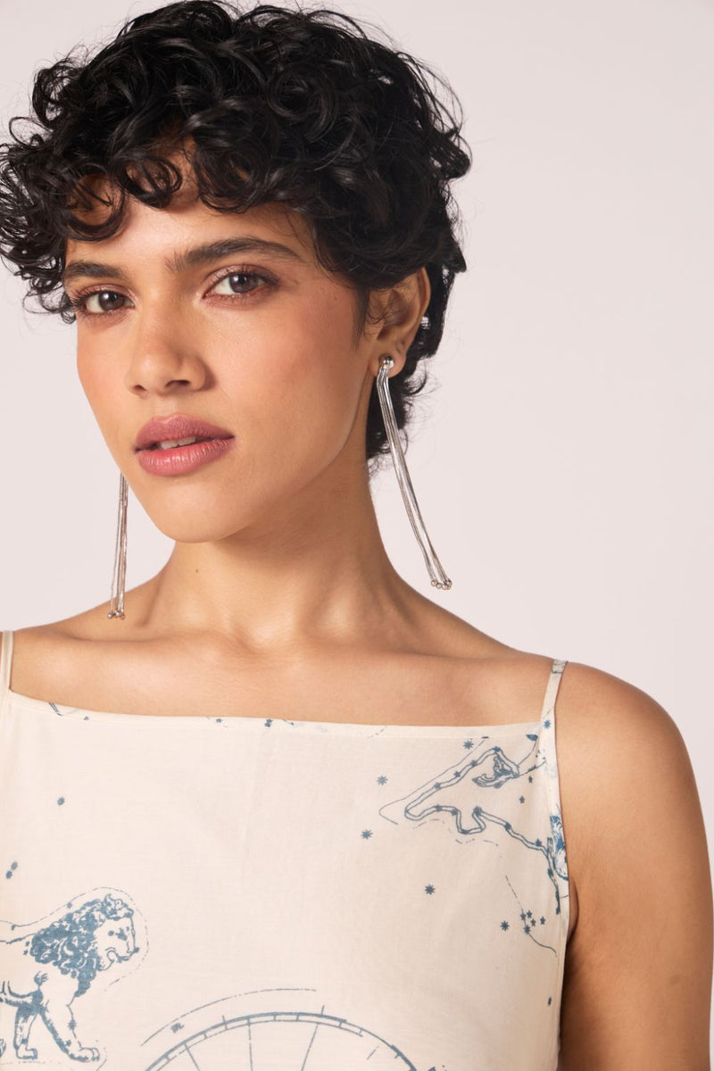 Mizar Zodiac Print Handwoven Dress chanderi by The Summer House in white color for women in Singapore