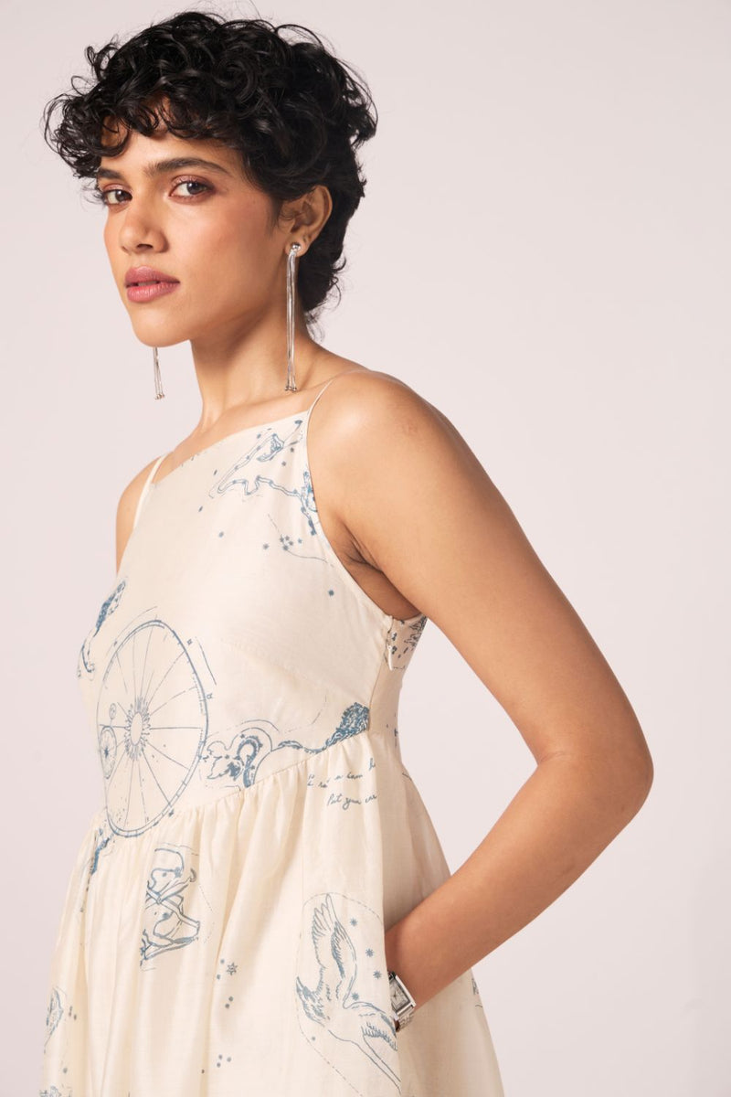 Mizar Zodiac Print Handwoven Dress chanderi by The Summer House in white color for women in Singapore