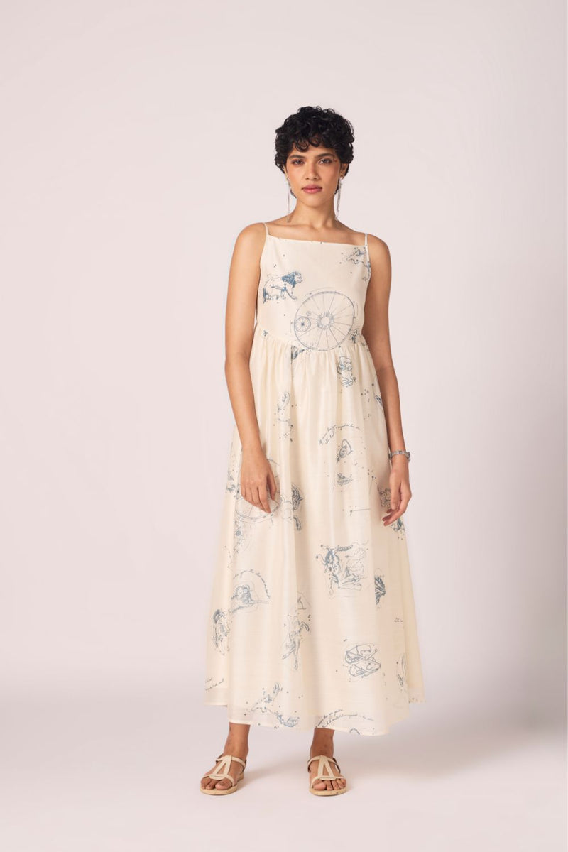 Mizar Zodiac Print Handwoven Dress chanderi by The Summer House in white color for women in Singapore