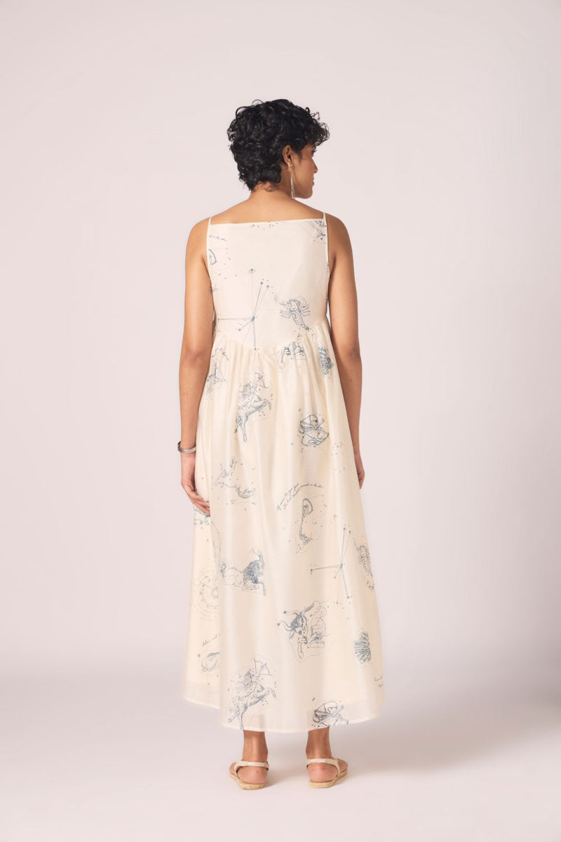 Mizar Zodiac Print Handwoven Dress chanderi by The Summer House in white color for women in Singapore