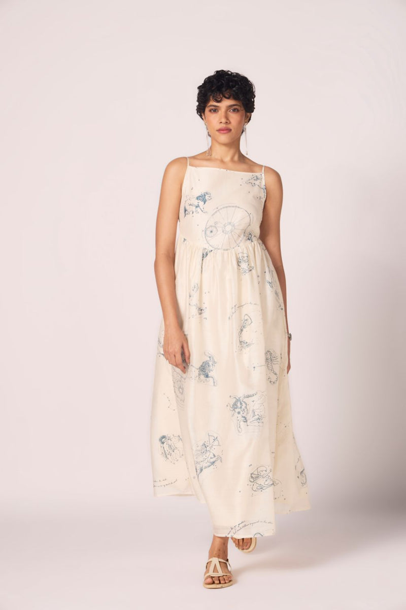 Mizar Zodiac Print Handwoven Dress chanderi by The Summer House in white color for women in Singapore