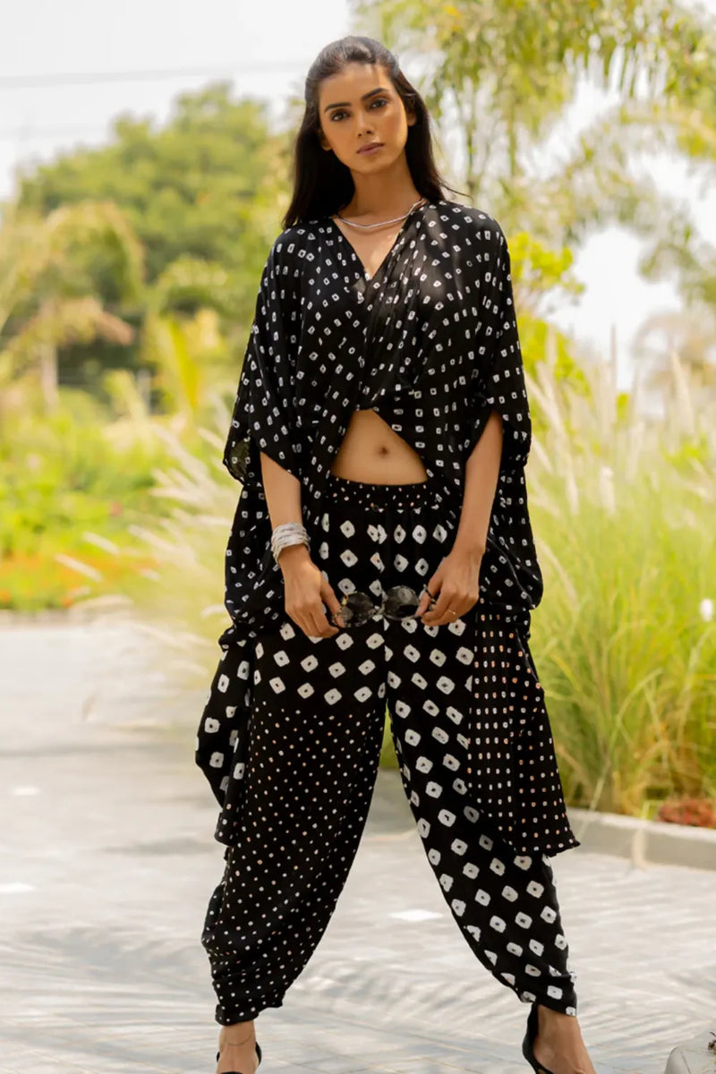 MOD DOTS TWIST TOP-BLACK silk by Dyelogue in black color for women in Singapore