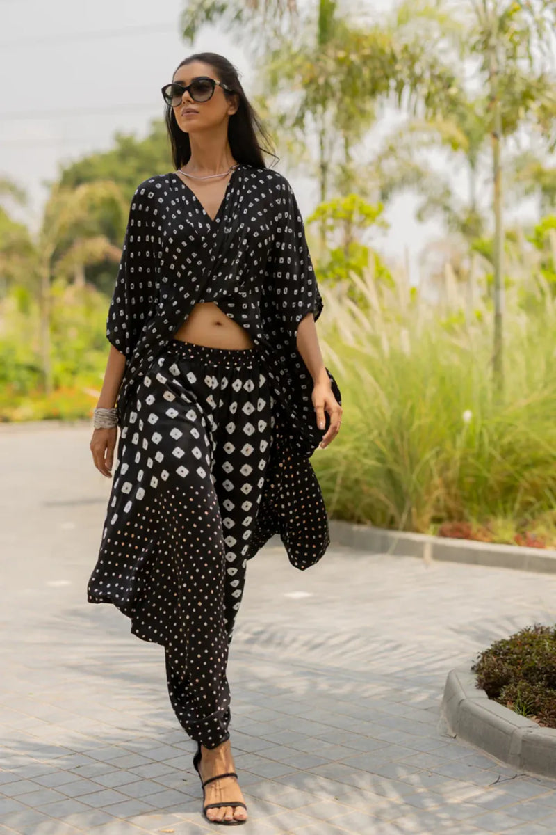 MOD DOTS TWIST TOP-BLACK silk by Dyelogue in black color for women in Singapore
