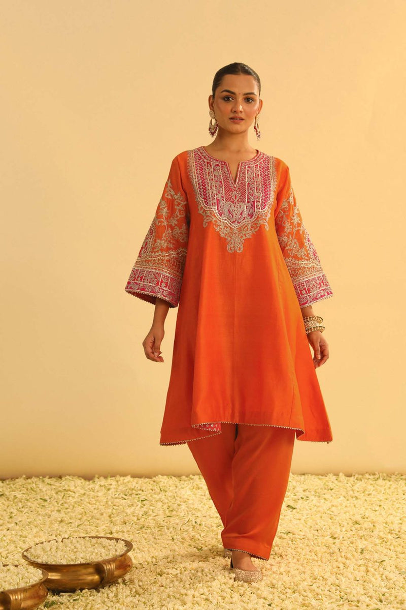 Mohsina Chauga with Salwar-Orange silk by SHEETAL BATRA in orange color for women in Singapore