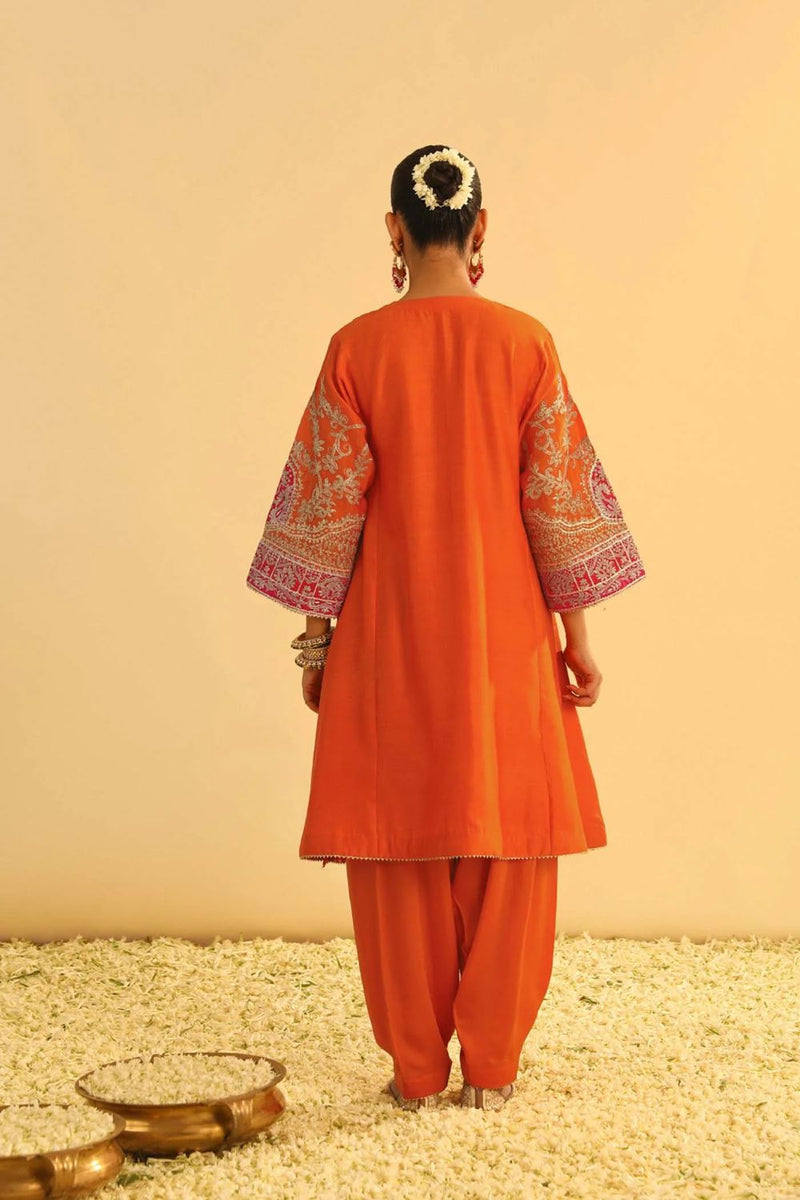 Mohsina Chauga with Salwar-Orange silk by SHEETAL BATRA in orange color for women in Singapore