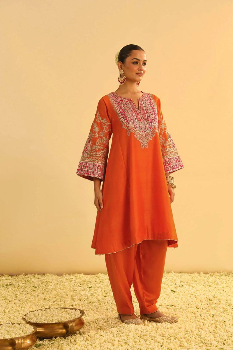 Mohsina Chauga with Salwar-Orange silk by SHEETAL BATRA in orange color for women in Singapore