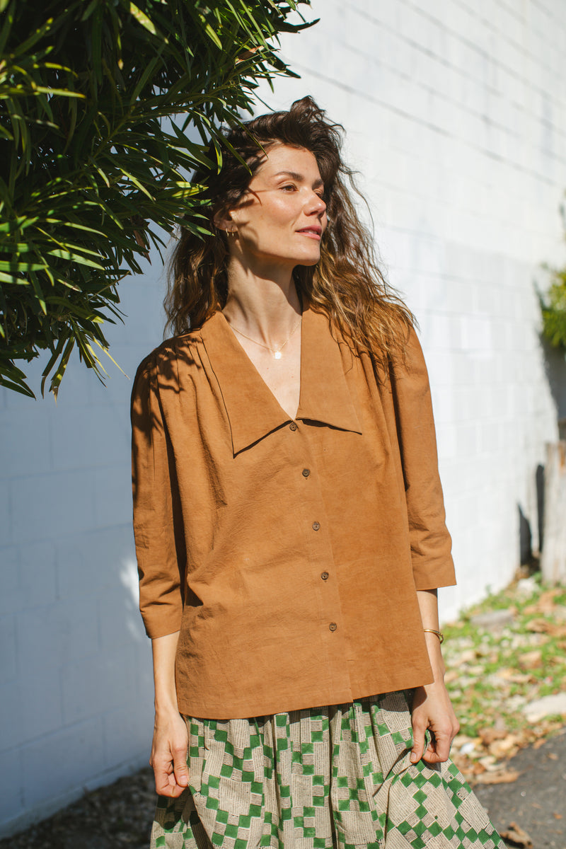 Mulholland Top-Brown cotton by World of Crow in brown color for women in Singapore