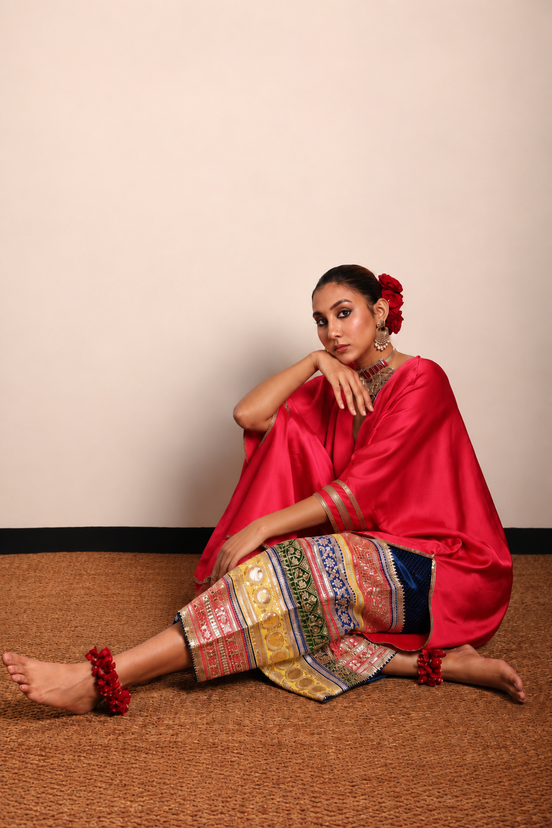 Multi Border Izhaar-Coral Tunic/ Electric Blue Farshi satin kurta/kurta set by Sabo by Sabina in blue, pink for women in Singapore