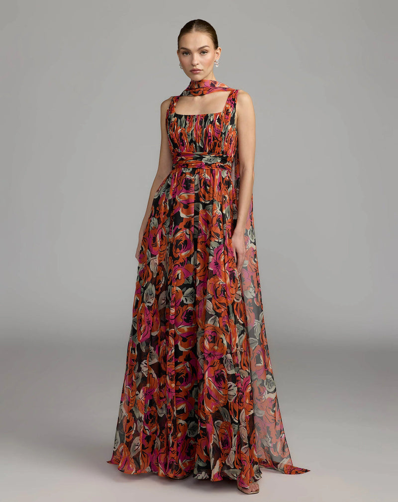 56497-Multicolor Floral Chiffon Gown With Scarf polyester cocktail-and-party-dresses by Mac Duggal in pink for women in Singapore