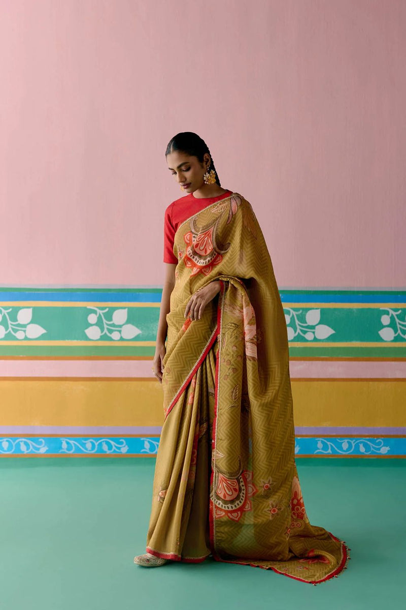 Mustard Chintz Saree Buy Mustard Chintz Saree from C&W | Saree for Women by Label Mogra in mustard color for women in Singapore