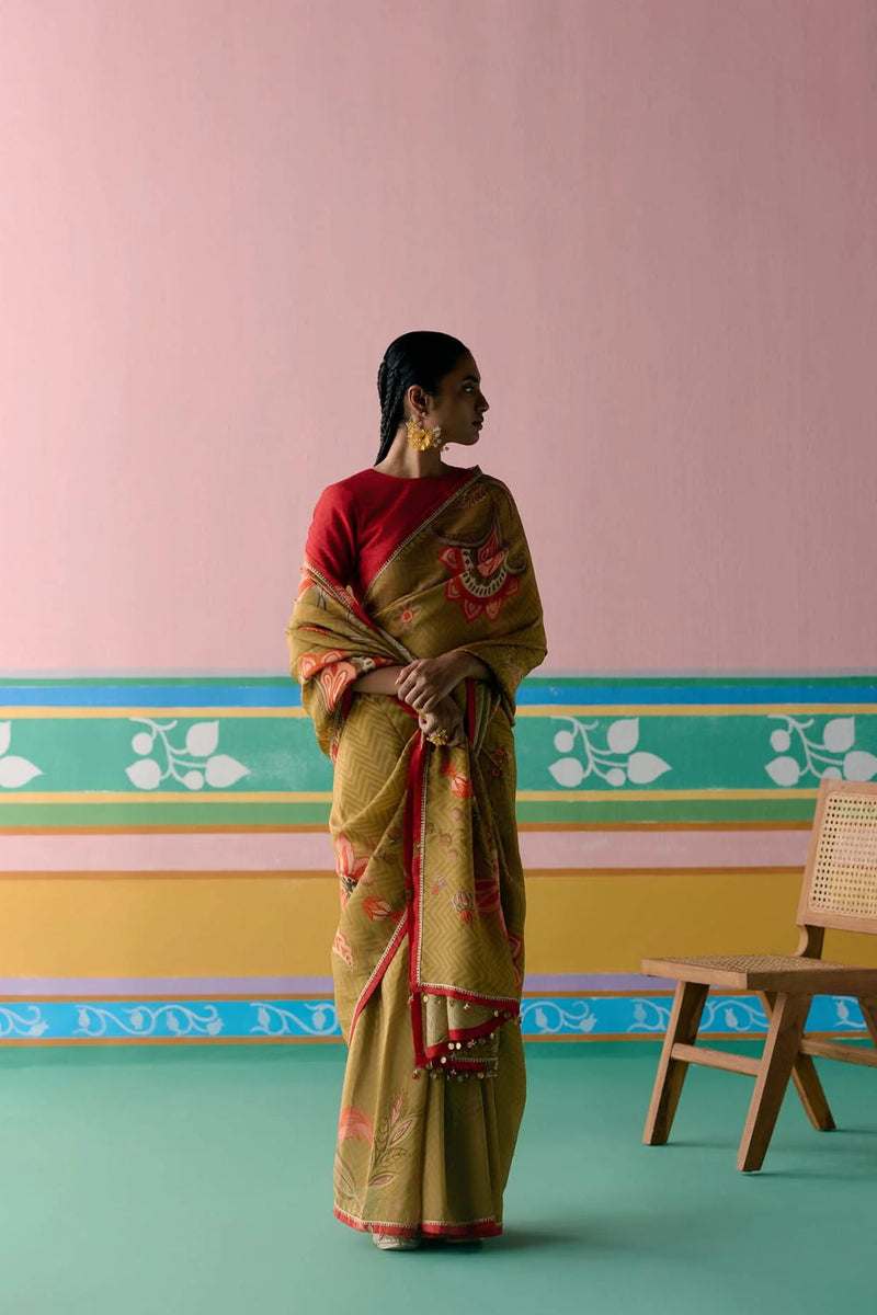 Mustard Chintz Saree Buy Mustard Chintz Saree from C&W | Saree for Women by Label Mogra in mustard color for women in Singapore