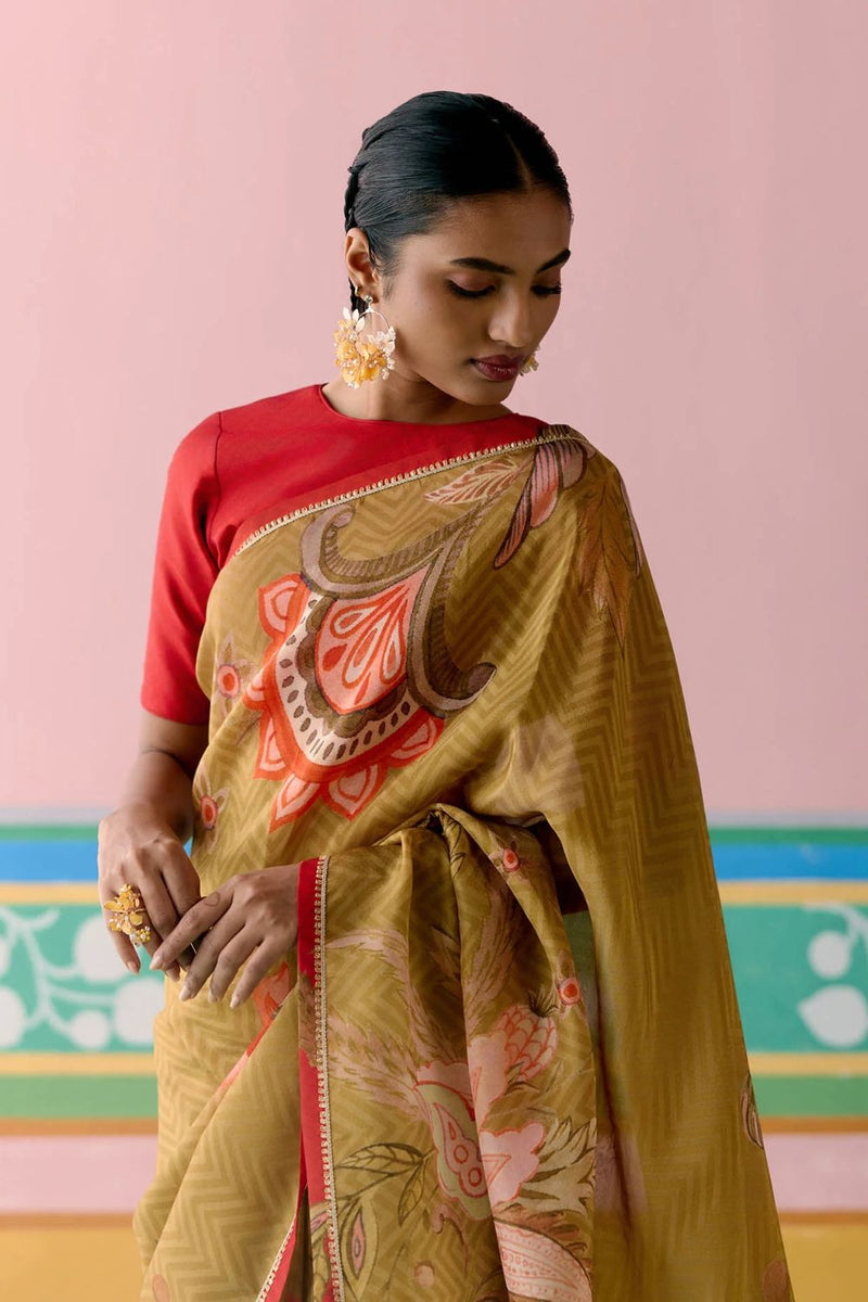 Mustard Chintz Saree Buy Mustard Chintz Saree from C&W | Saree for Women by Label Mogra in mustard color for women in Singapore