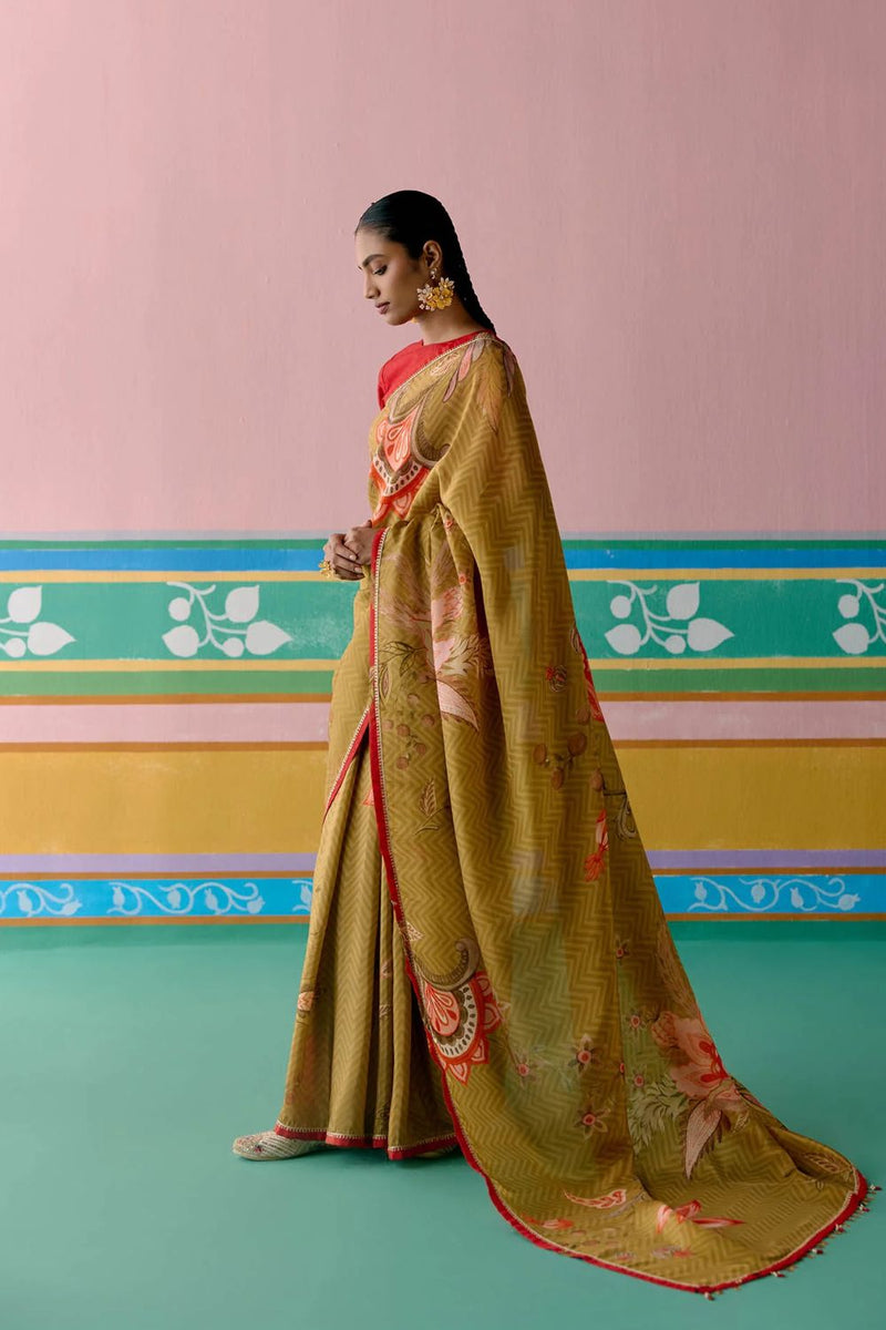 Mustard Chintz Saree Buy Mustard Chintz Saree from C&W | Saree for Women by Label Mogra in mustard color for women in Singapore