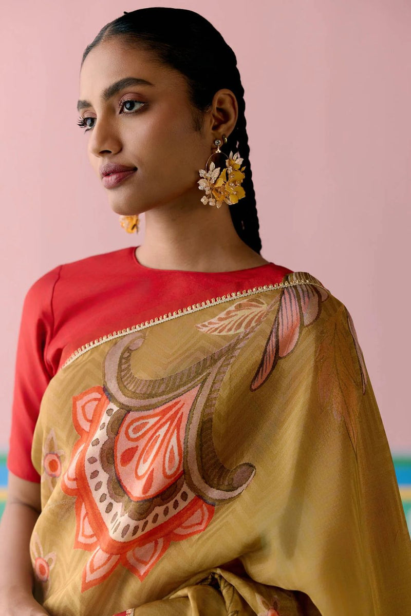 Mustard Chintz Saree Buy Mustard Chintz Saree from C&W | Saree for Women by Label Mogra in mustard color for women in Singapore