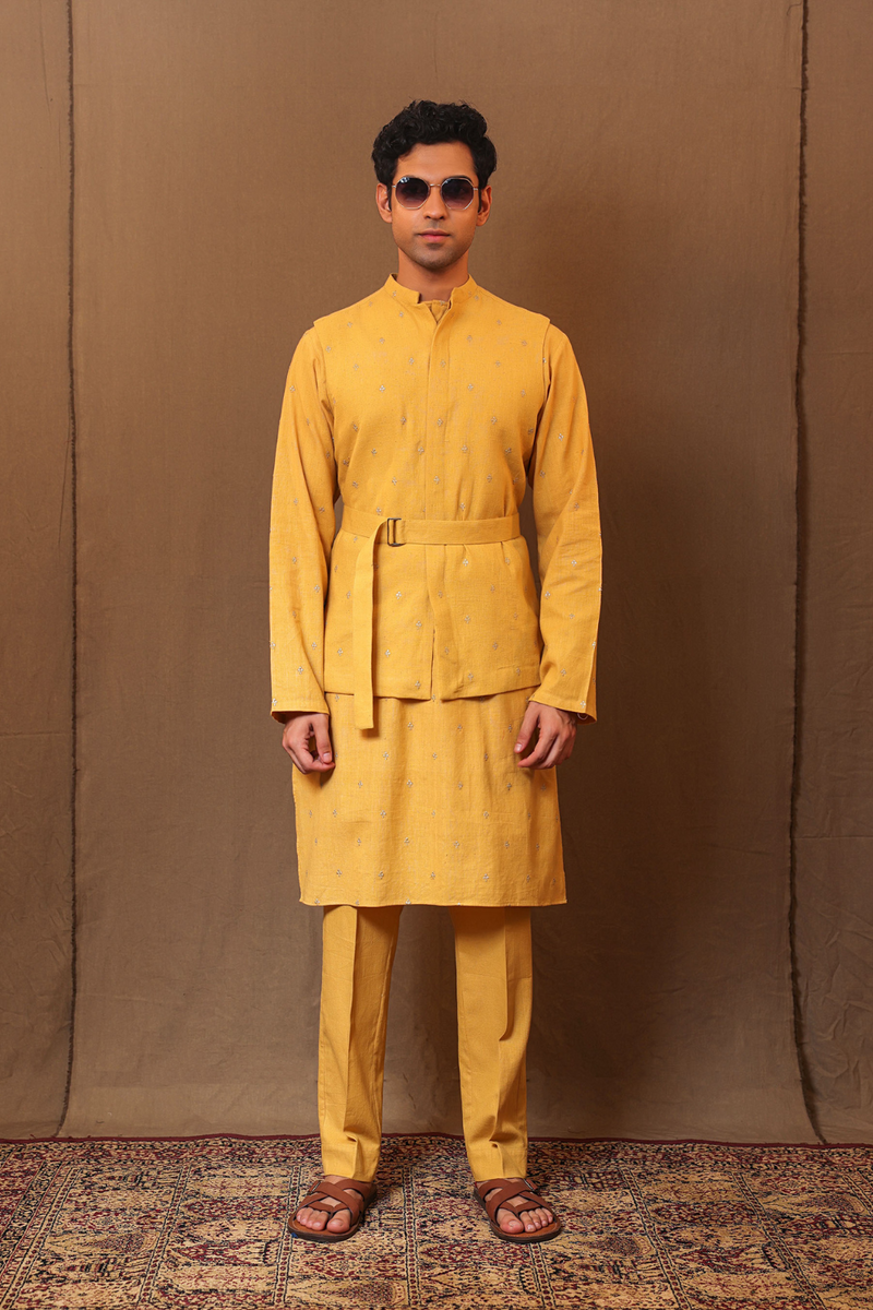 Mustard EMB Clubs Bandi Jacket cotton by Mati Men in mustard color for men in Singapore