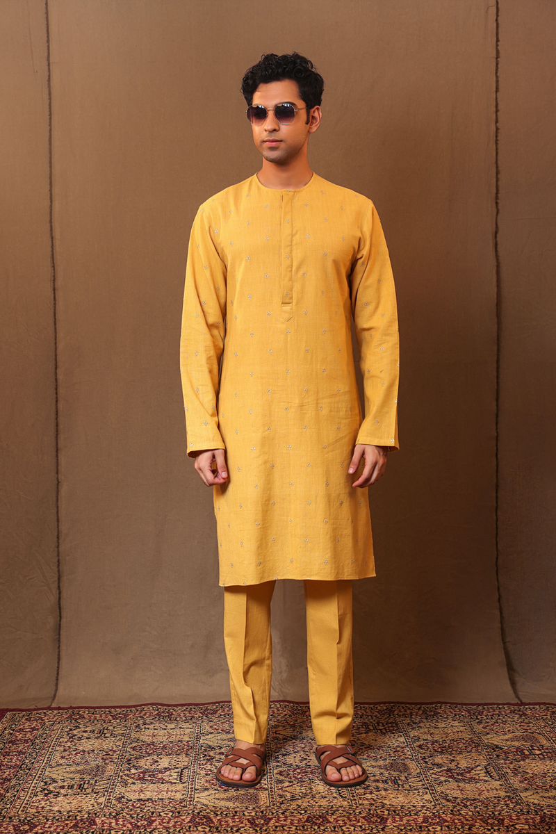 Mustard EMB Zari Clubs SB Cotton Kurta cotton by Mati Men in mustard color for men in Singapore
