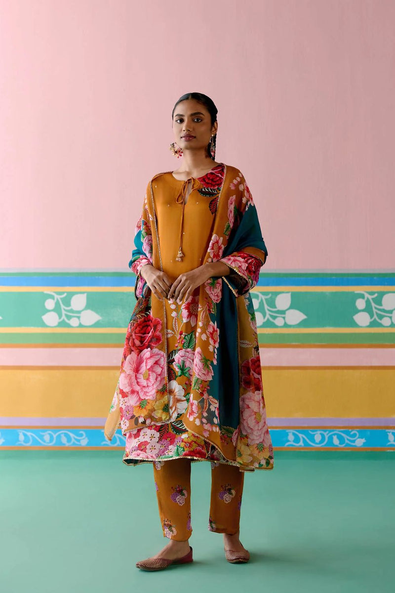Mustard Floral Kurta Set satin Buy Mustard Floral Kurta Set from C&W | Light Kurta Sets for Women by Label Mogra in mustard color for women in Singapore
