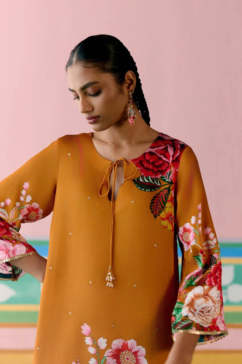 Mustard Floral Kurta Set satin Buy Mustard Floral Kurta Set from C&W | Light Kurta Sets for Women by Label Mogra in mustard color for women in Singapore