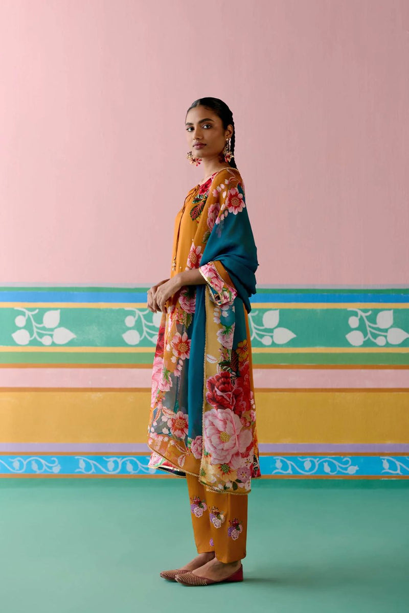 Mustard Floral Kurta Set satin Buy Mustard Floral Kurta Set from C&W | Light Kurta Sets for Women by Label Mogra in mustard color for women in Singapore