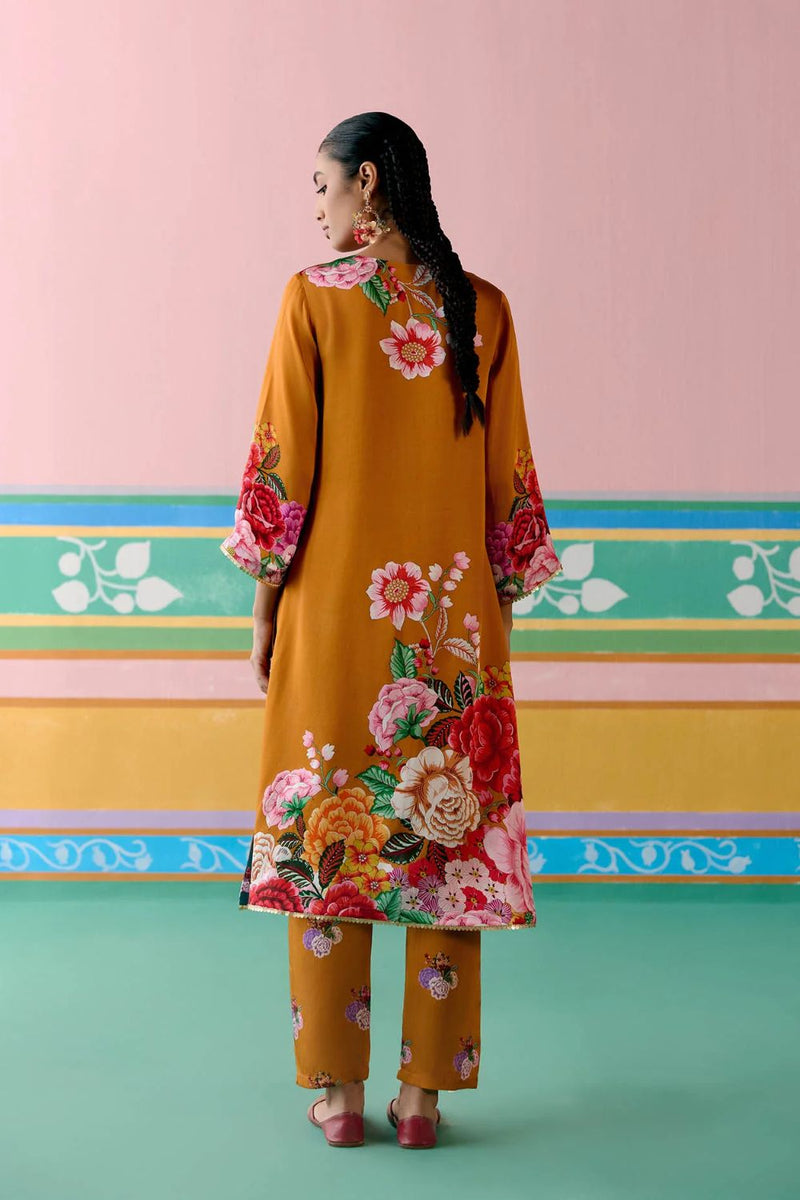 Mustard Floral Kurta Set satin Buy Mustard Floral Kurta Set from C&W | Light Kurta Sets for Women by Label Mogra in mustard color for women in Singapore