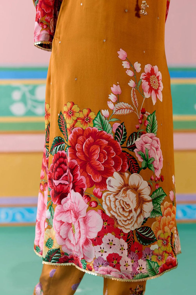 Mustard Floral Kurta Set satin Buy Mustard Floral Kurta Set from C&W | Light Kurta Sets for Women by Label Mogra in mustard color for women in Singapore