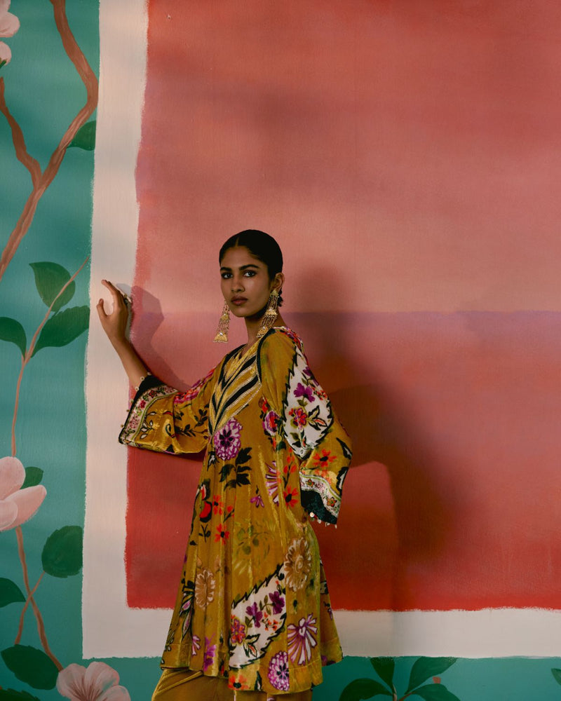 Mustard Floral Velvet Kurta Set Buy Mustard Floral Velvet Kurta Set from C&W | Kurta/Kurta Sets for Women by Label Mogra in mustard color for women in Singapore