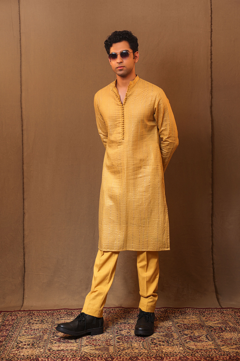 Mustard STR Buttoned Kurta cotton by Mati Men in mustard color for men in Singapore