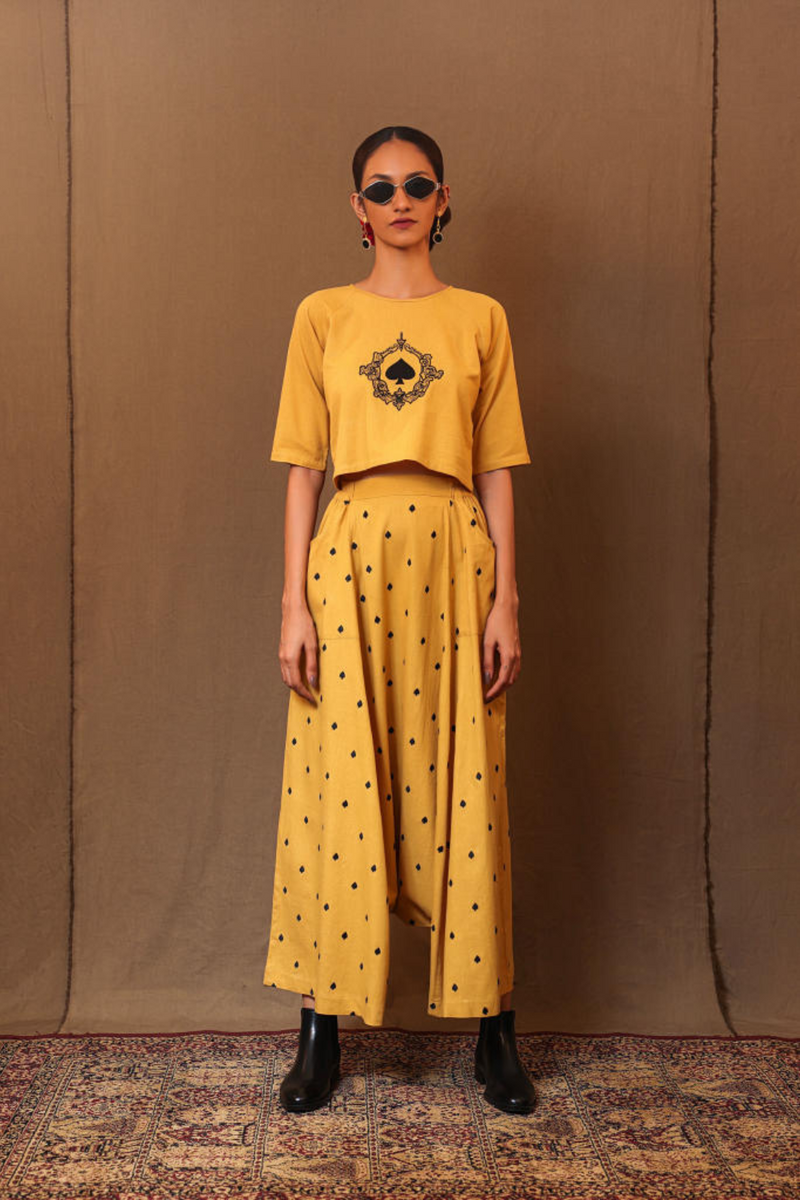 Mustard Spade EMB Harem Pants 100% cotton by Mati in mustard color for women in Singapore