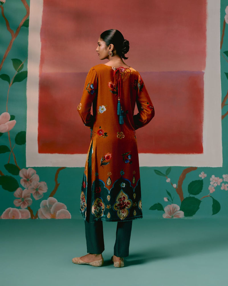 Mustard Teal Floral Velvet Kurta Set Buy Mustard Teal Floral Velvet Kurta Set from C&W | Kurta/Kurta Sets for Women by Label Mogra in mustard color for women in Singapore