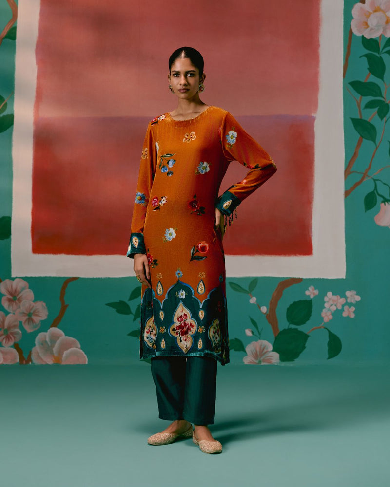 Mustard Teal Floral Velvet Kurta Set Buy Mustard Teal Floral Velvet Kurta Set from C&W | Kurta/Kurta Sets for Women by Label Mogra in mustard color for women in Singapore