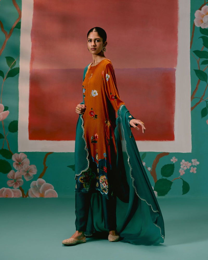 Mustard Teal Floral Velvet Kurta Set Buy Mustard Teal Floral Velvet Kurta Set from C&W | Kurta/Kurta Sets for Women by Label Mogra in mustard color for women in Singapore