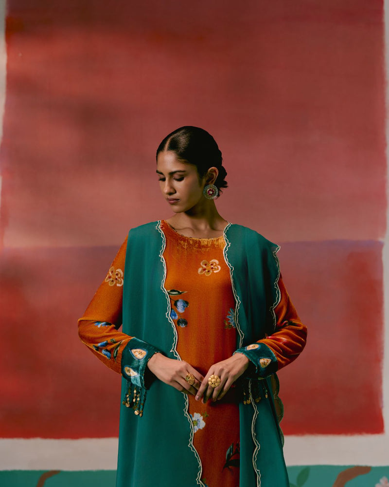 Mustard Teal Floral Velvet Kurta Set Buy Mustard Teal Floral Velvet Kurta Set from C&W | Kurta/Kurta Sets for Women by Label Mogra in mustard color for women in Singapore