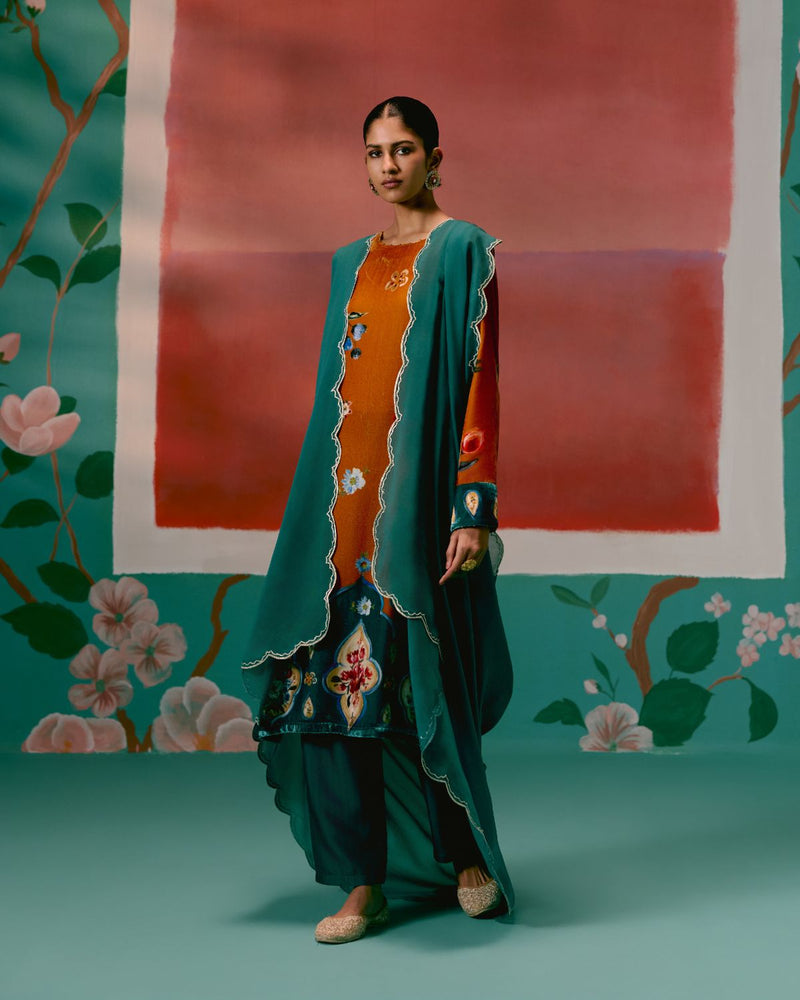 Mustard Teal Floral Velvet Kurta Set Buy Mustard Teal Floral Velvet Kurta Set from C&W | Kurta/Kurta Sets for Women by Label Mogra in mustard color for women in Singapore
