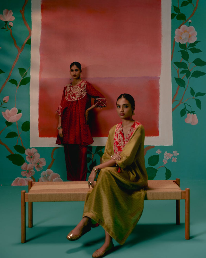 Mustard Tissue Kaftan Set tissue Buy Mustard Tissue Kaftan Set from C&W | Co-Ord Sets for Women by Label Mogra in mustard color for women in Singapore