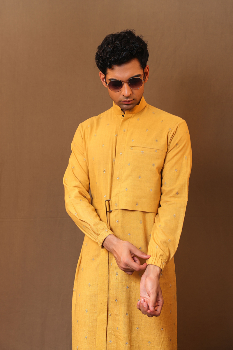Mustard Zari Club EMB Belted Kurta Set (2 PCS) cotton by Mati Men in mustard color for men in Singapore